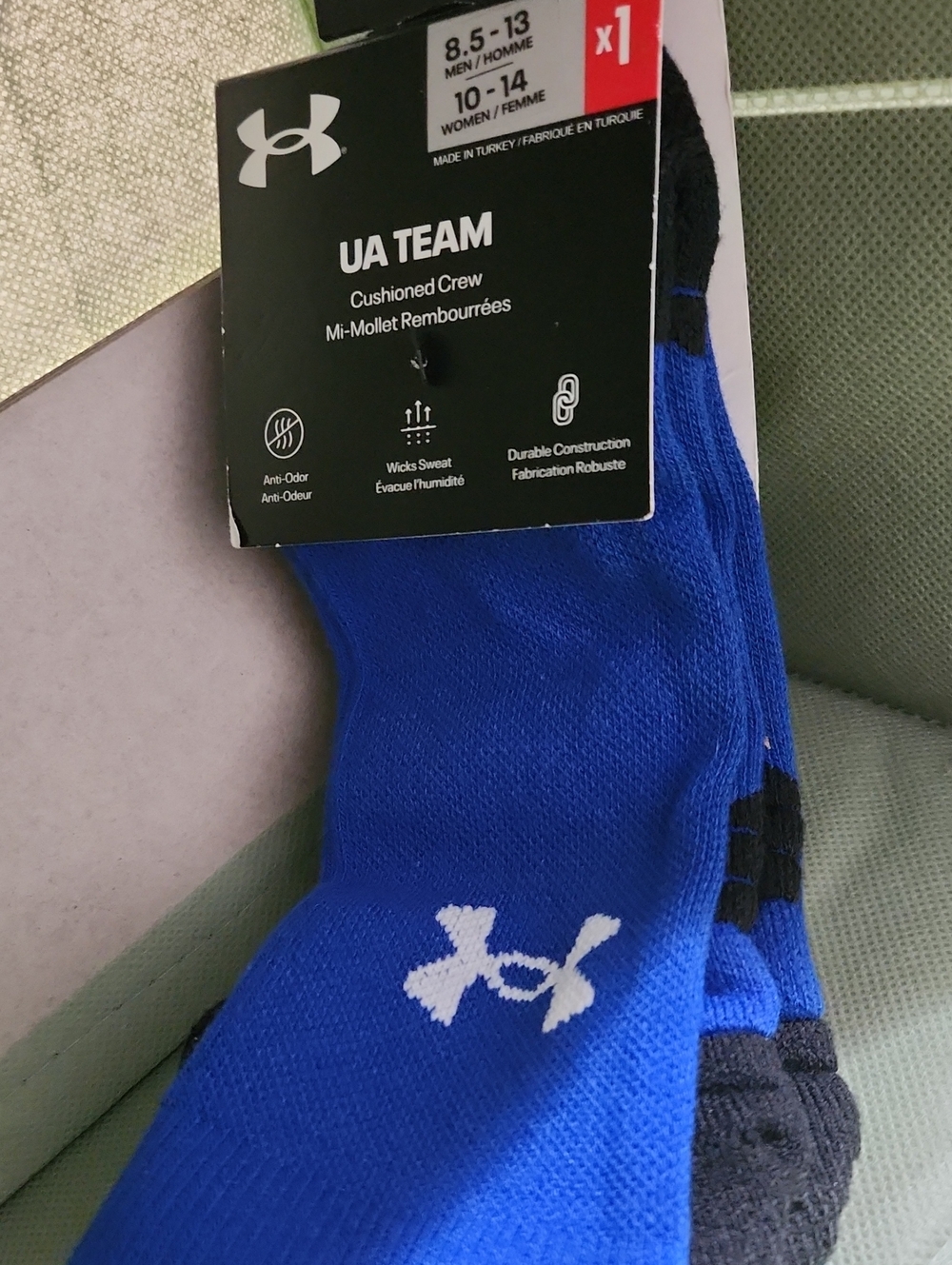 Under Armour UA Team Cushioned Crew Socks - Blue 8.5 - 13 Men